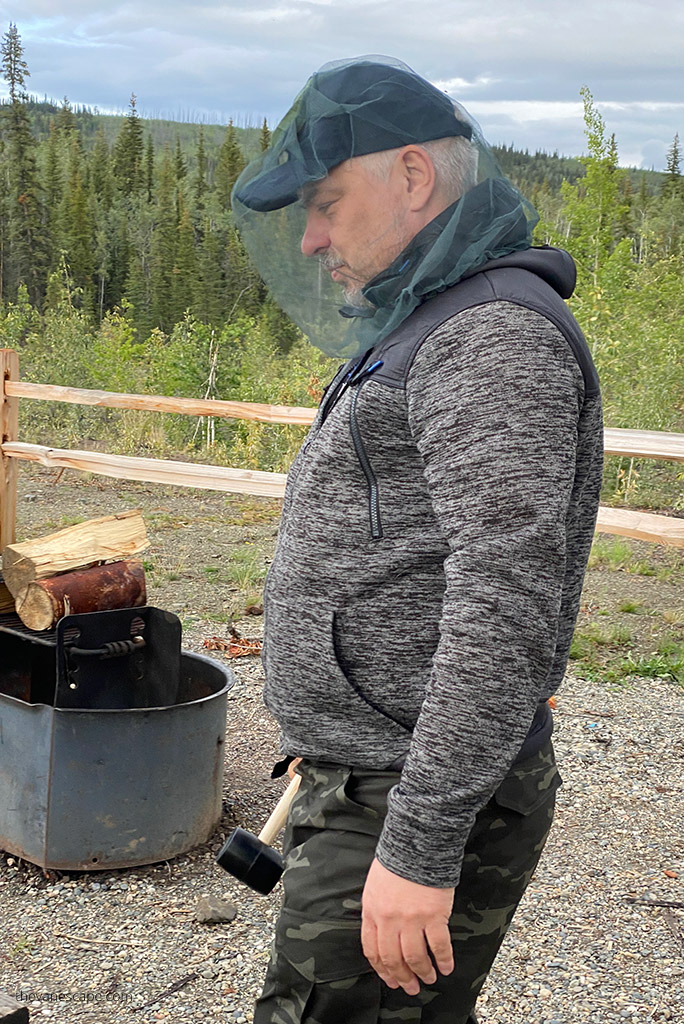 Chris on Dalton Highway wearing a mosquito head net.
