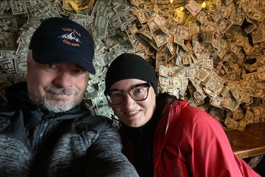 Agnes Stabinska, the author, with her partner Chris in Salty Dawg Saloon, Homer.