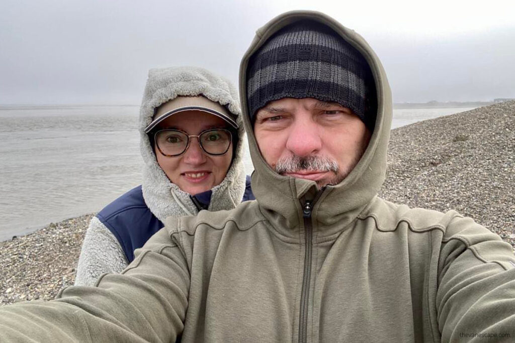 Agnes Stabinska, the author, with her partner Chris during windy day in Deadhorse at Prudhoe Bay.