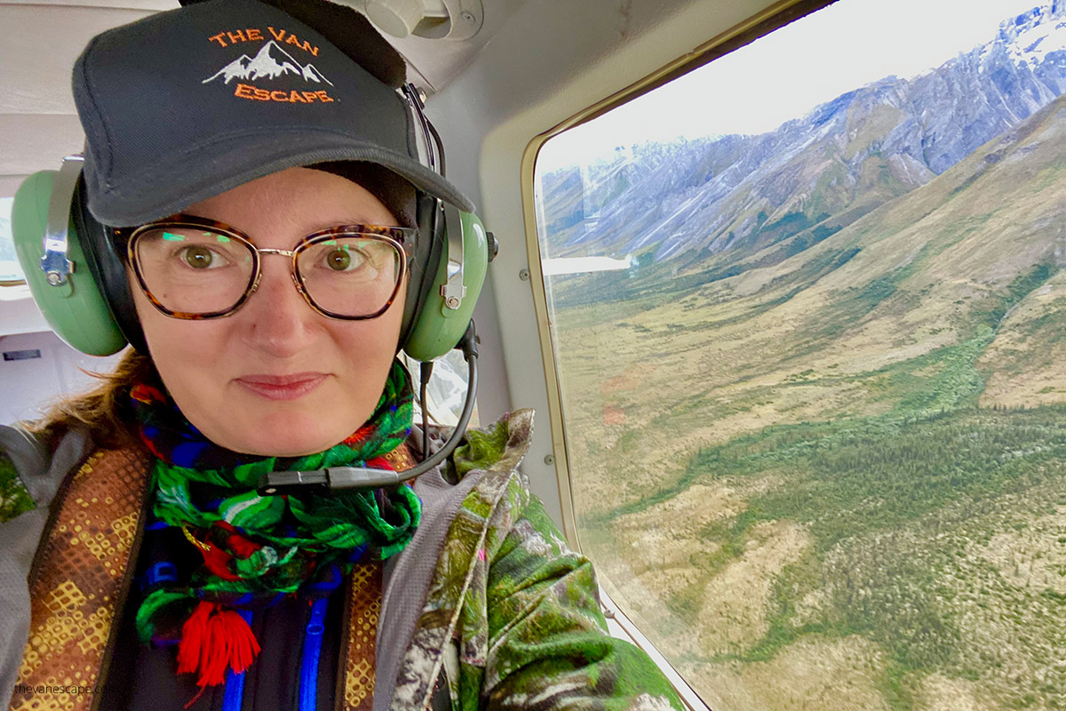 Agnes in a plane during flight with Coyote Air.