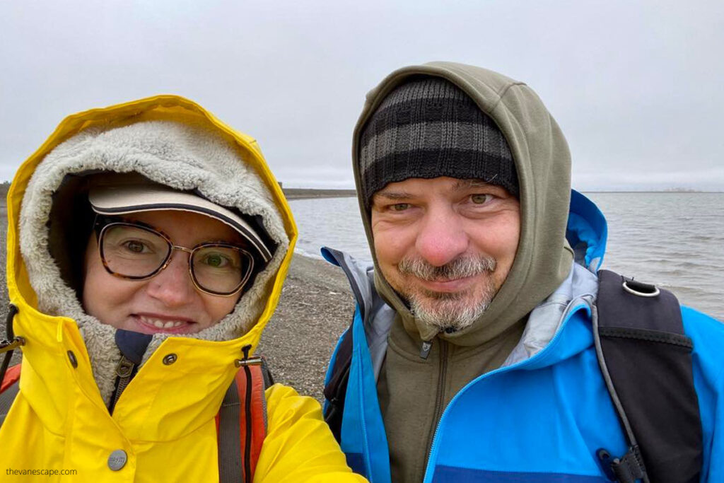 Agnes Stabinska, the author, with her partner Chris on Arctic Ocean at Prudhoe Bay.