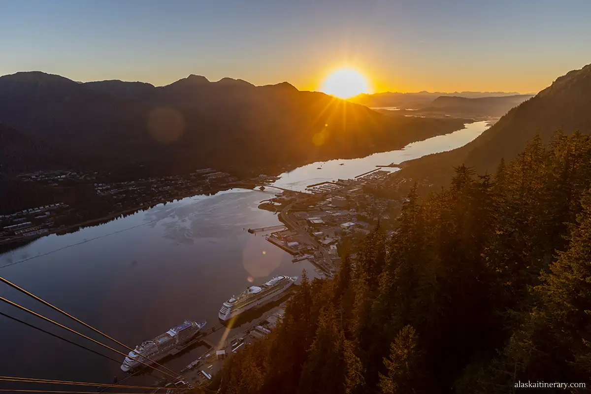 Scenic sunset over Juneau with cruise ships from above - from the Goldbelt Tram up Mount Roberts.