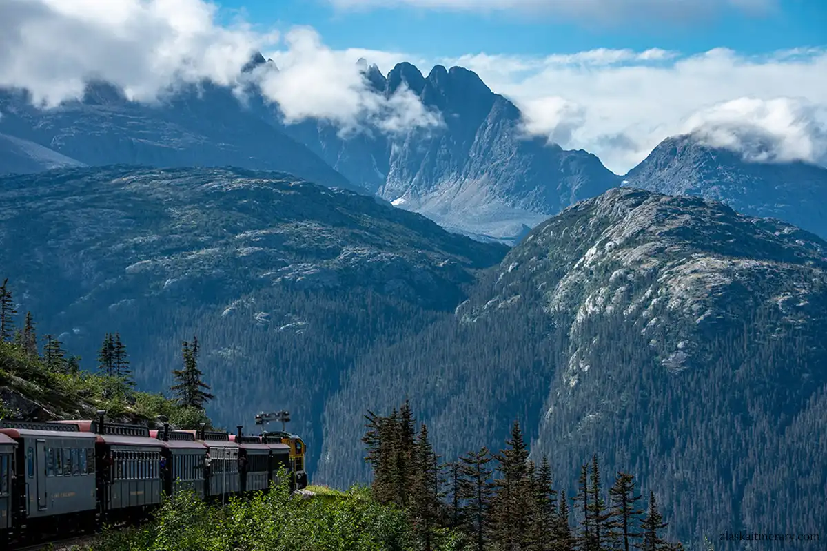 White Pass & Yukon Route scenic train ride in Skagway with spectacular mountain views.