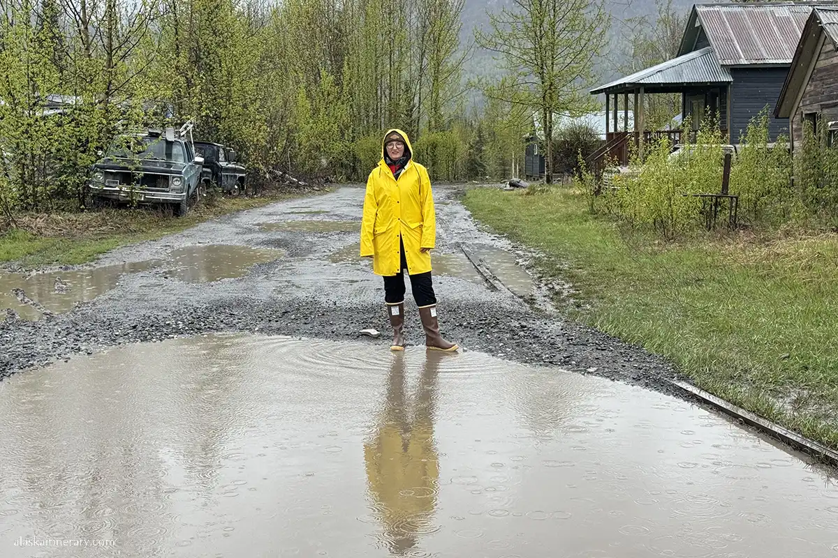 Agnes Stabinska, the author, during rainy day in Alaska shoulder season.