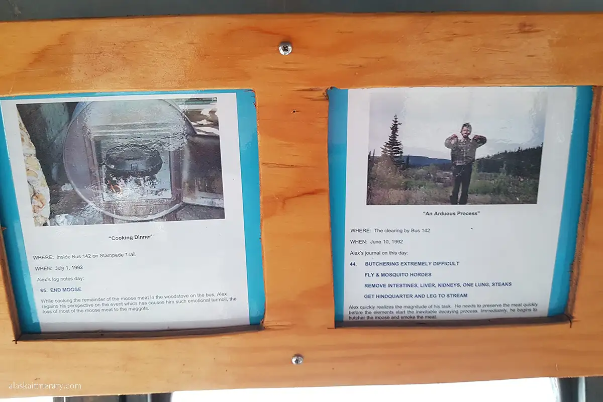 Christopher McCandless photos on the wall of the replica of Magic Bus 142 in Healy.