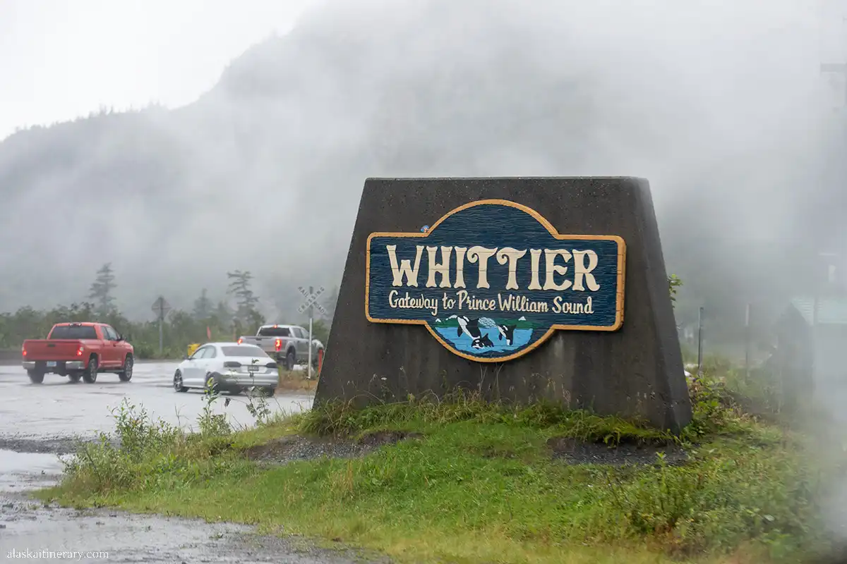 Whittier welcoming sign in a fog.