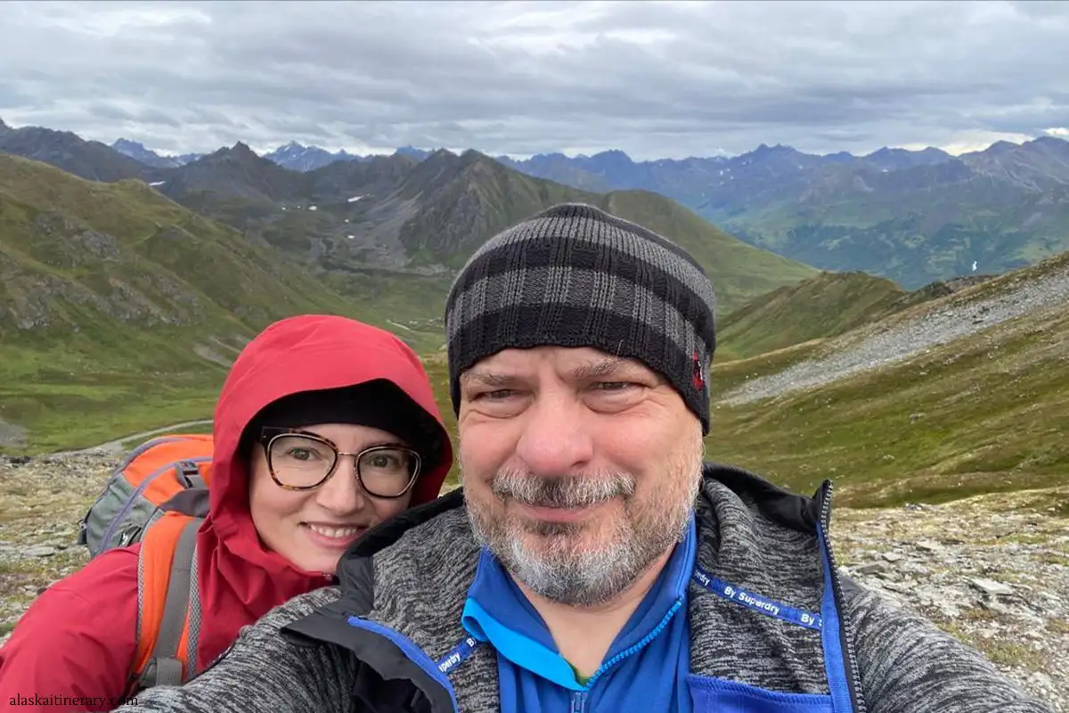 Agnes and Chris during Alaska road trip hiking in Alaska at Hatcher Pass.