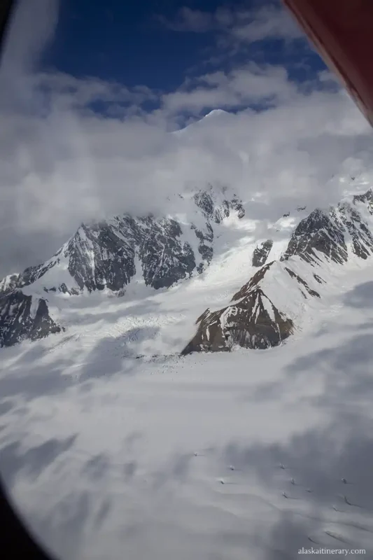 Glacier and mountain views during scenic flight in Denali.