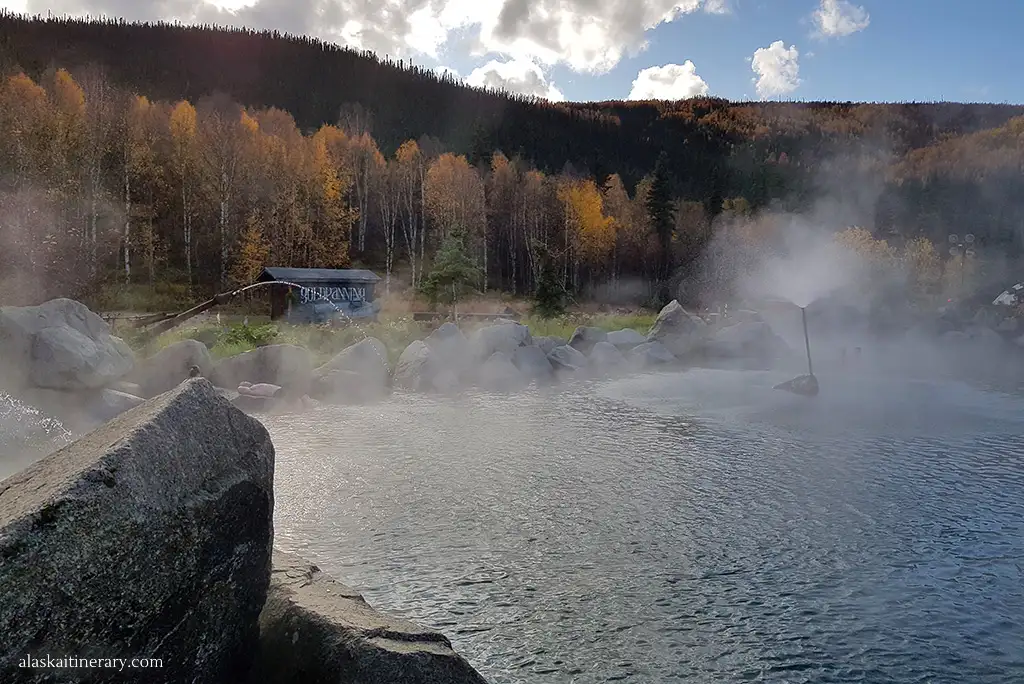 Chena Hot Springs resort - hot water among fall colors and trees.