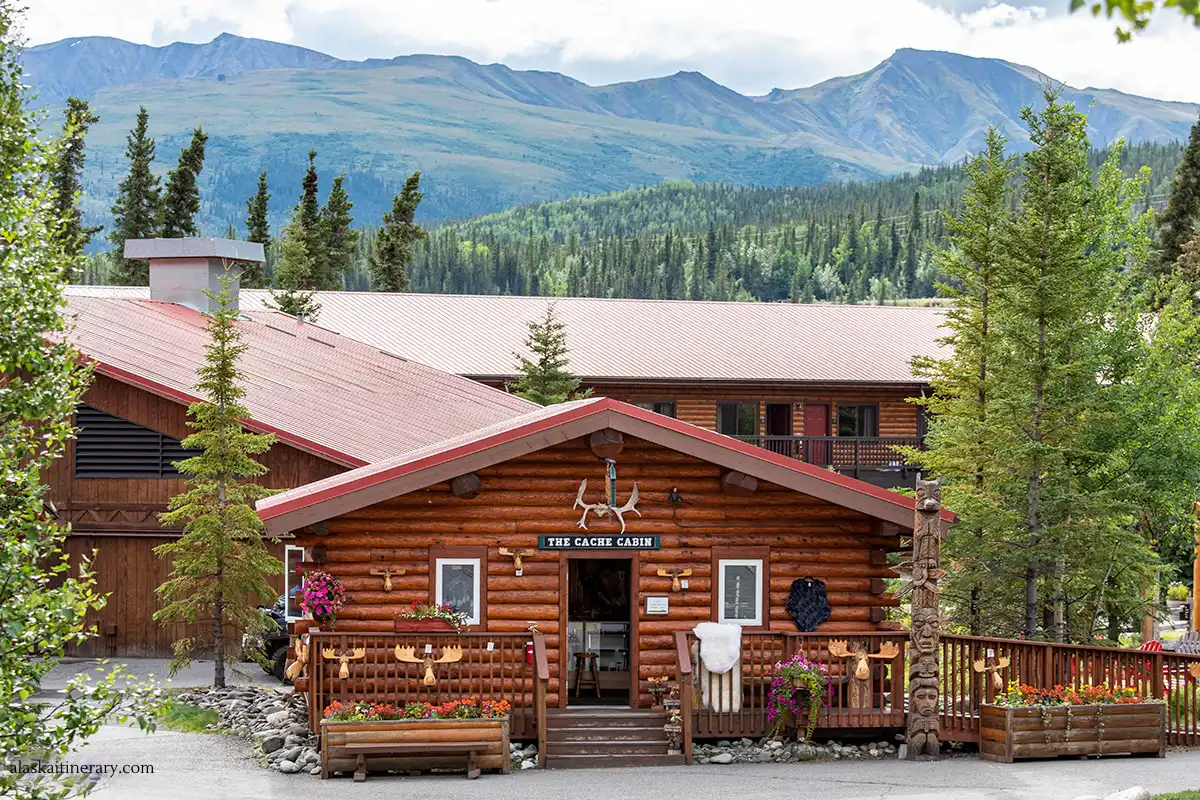 how to plan a trip to Alaska - book your hotels ahead, on picture: cabin in Alaska in Denali.