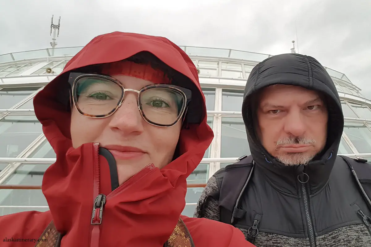Agnes Stabinska, an author with her partner Chris during windy day on the cruise wearing windproof jackets.