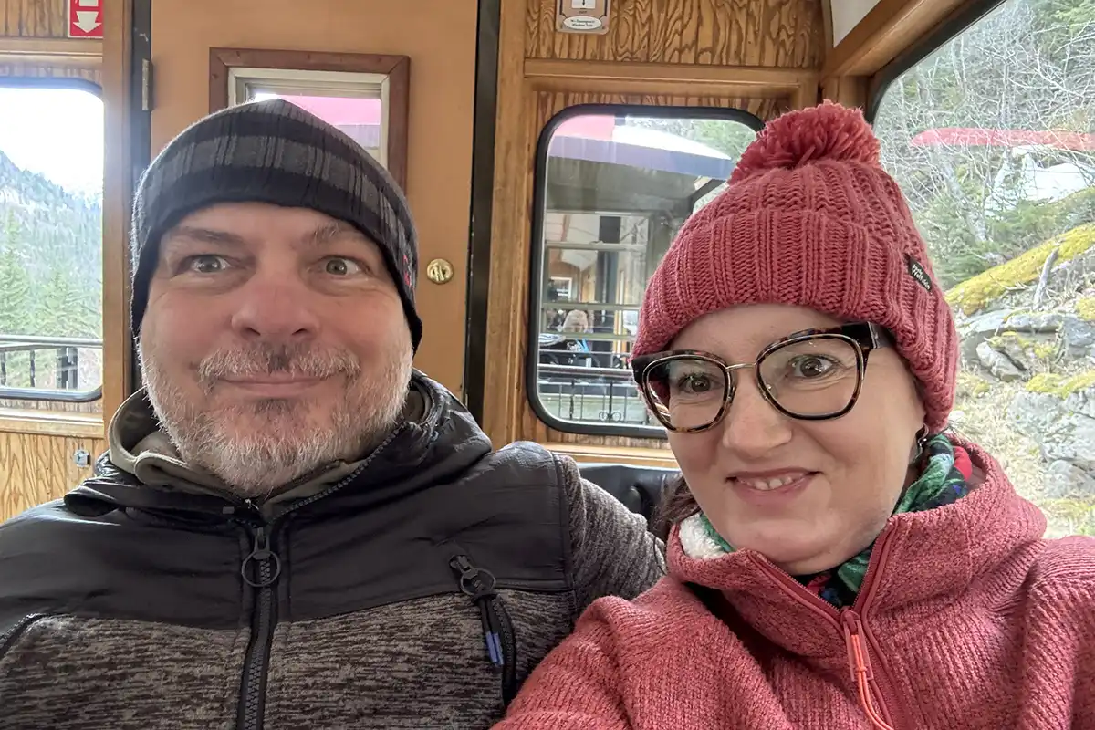 Agnes Stabinska, the author, with her partner Chris, during Skagway train ride.