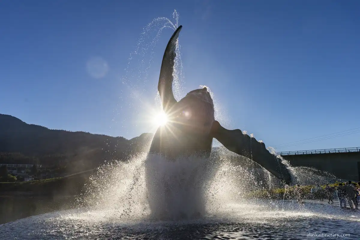Huge sculpture of Juneau whale fountain.