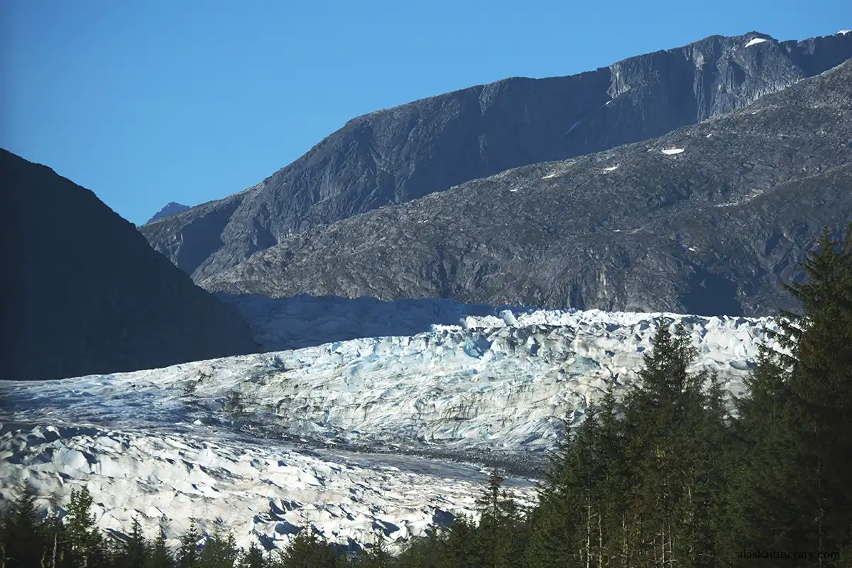 stunning view of Mendenhall Glacier in Juneau surronded by trees and mountains.