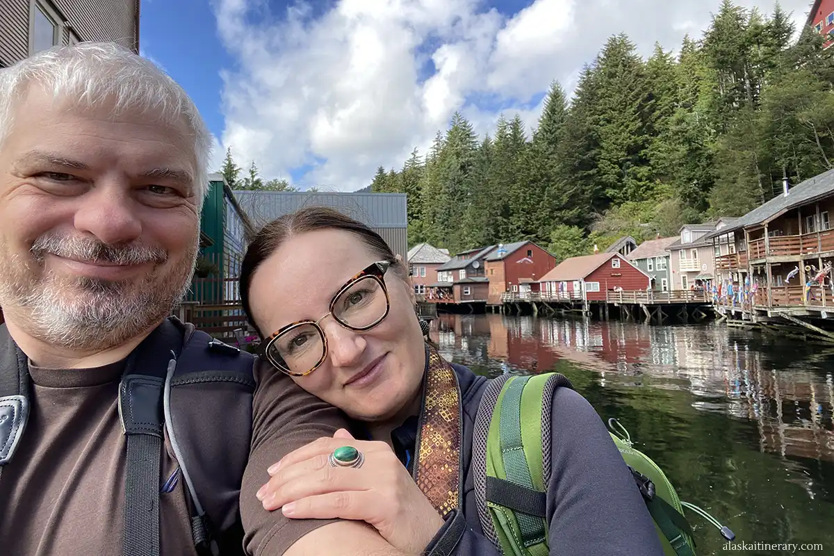 Agnes Stabinska, the author, and Chris Labanowski in Alaska port of call in Ketchikan at wooden Creek Street. 