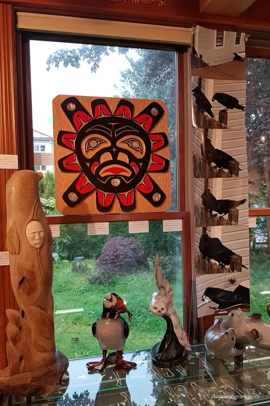 Art gallery in Sitka with with sculptures of birds and seals,