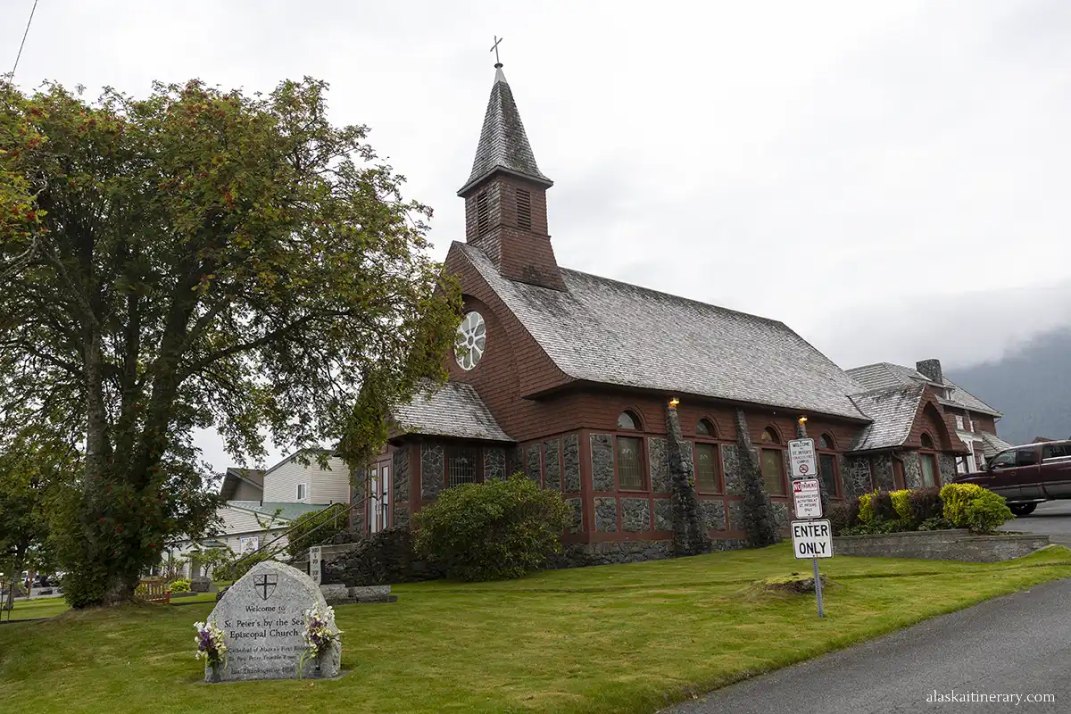 St. Peter’s by-the-Sea Episcopal Church in Sitka made from stone and wood.