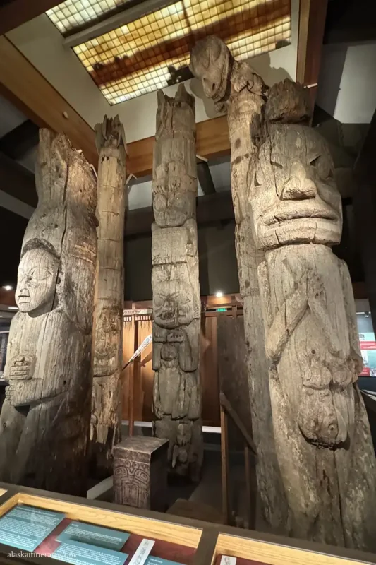 Totem poles in Ketchikan created by Indigenous people.