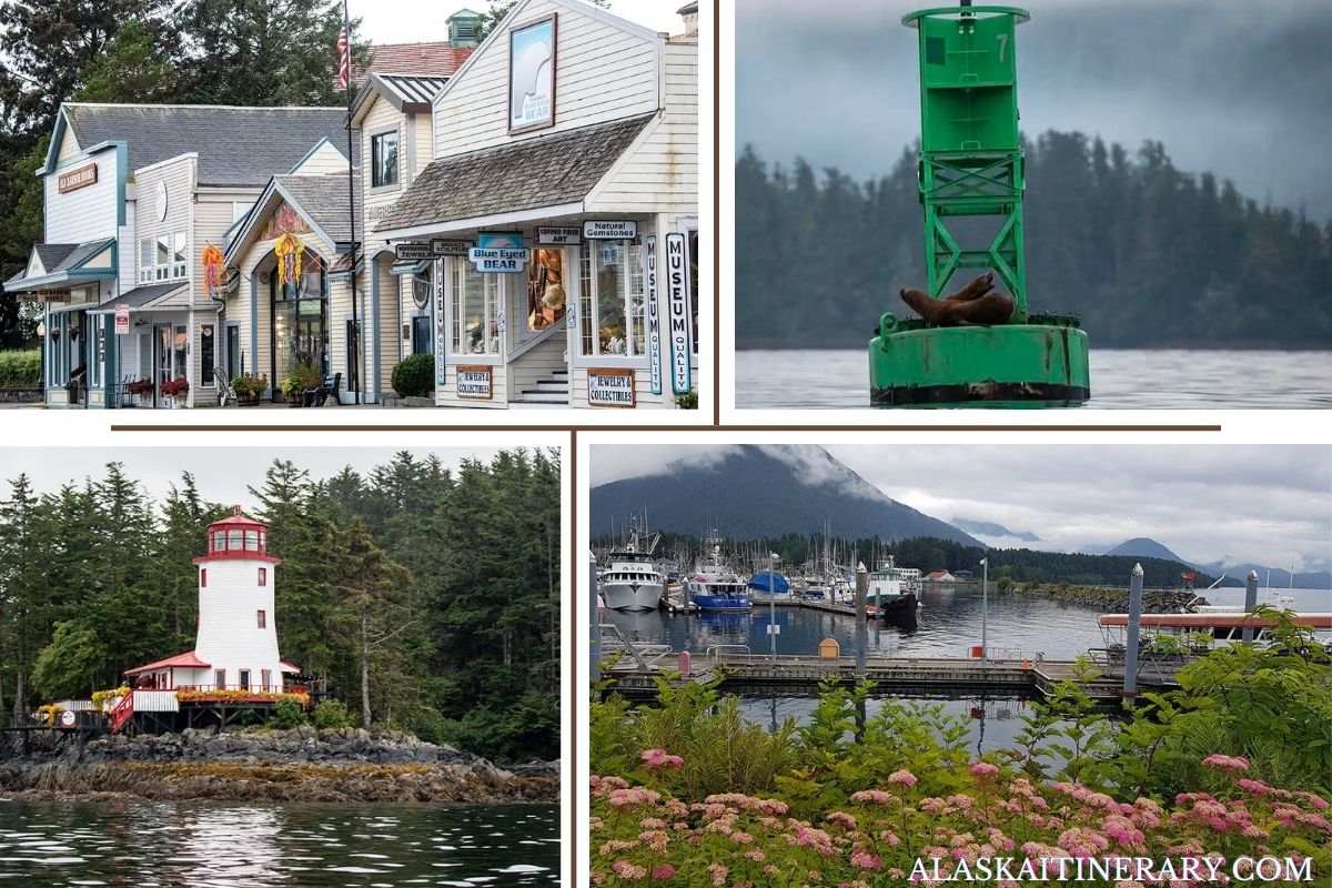The best Sitka shore excursions: photo collage with different activities: marine wildlife, shopping, admiring lighthouse and boat port.