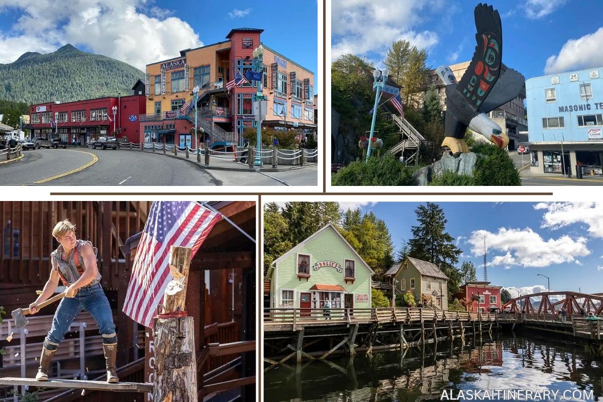 A collage of 4 photos showing several attractions in downtown Ketchikan worth seeing during the walking tour: the Lumberjack show, a wooden eagle statue, colorful houses on Creek Street, and beautiful architecture.