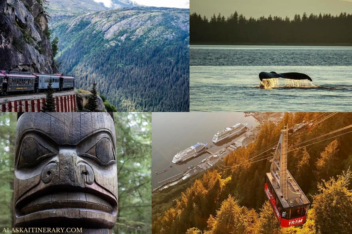 A photo collage with several Alaska ports of call and their attractions: scenic train ride in Skagway, totem pole in Sitka, Goldbelt Tram in Juneau, whale watching in Icy Strait Point.