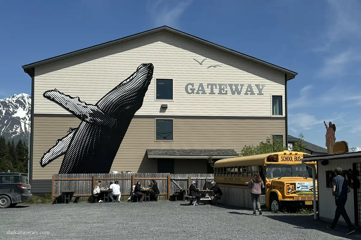 Gateway Hotel in Seward with a huge mural of a humpback whale on its wall.