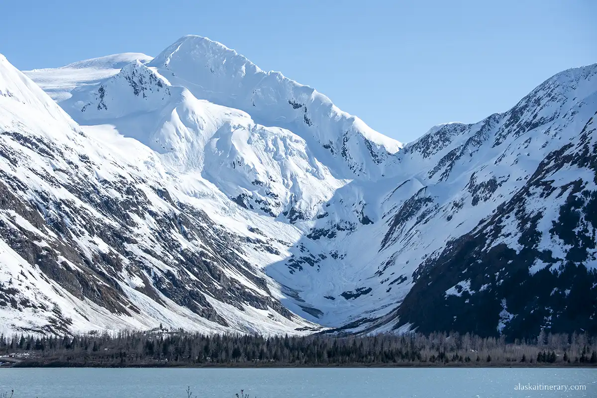 Portage Lake surronded by mountains covered by fresh snow.