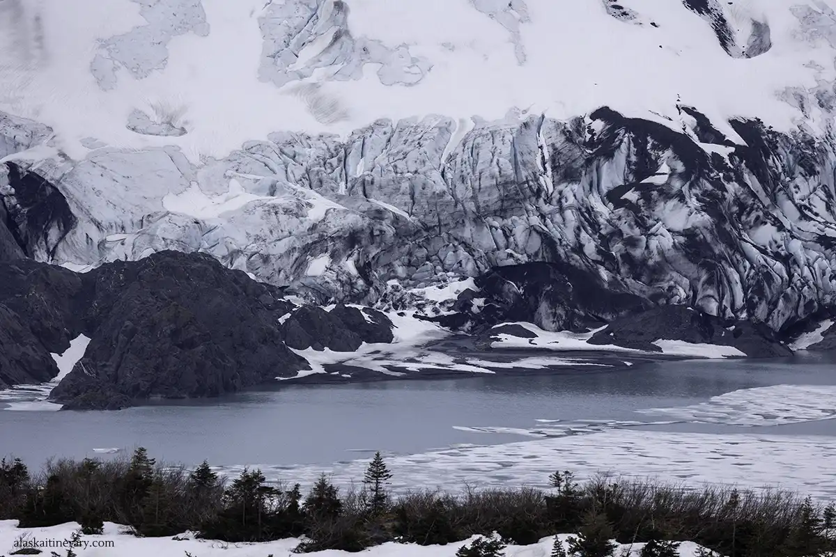 Portage Lake surronded by ice.