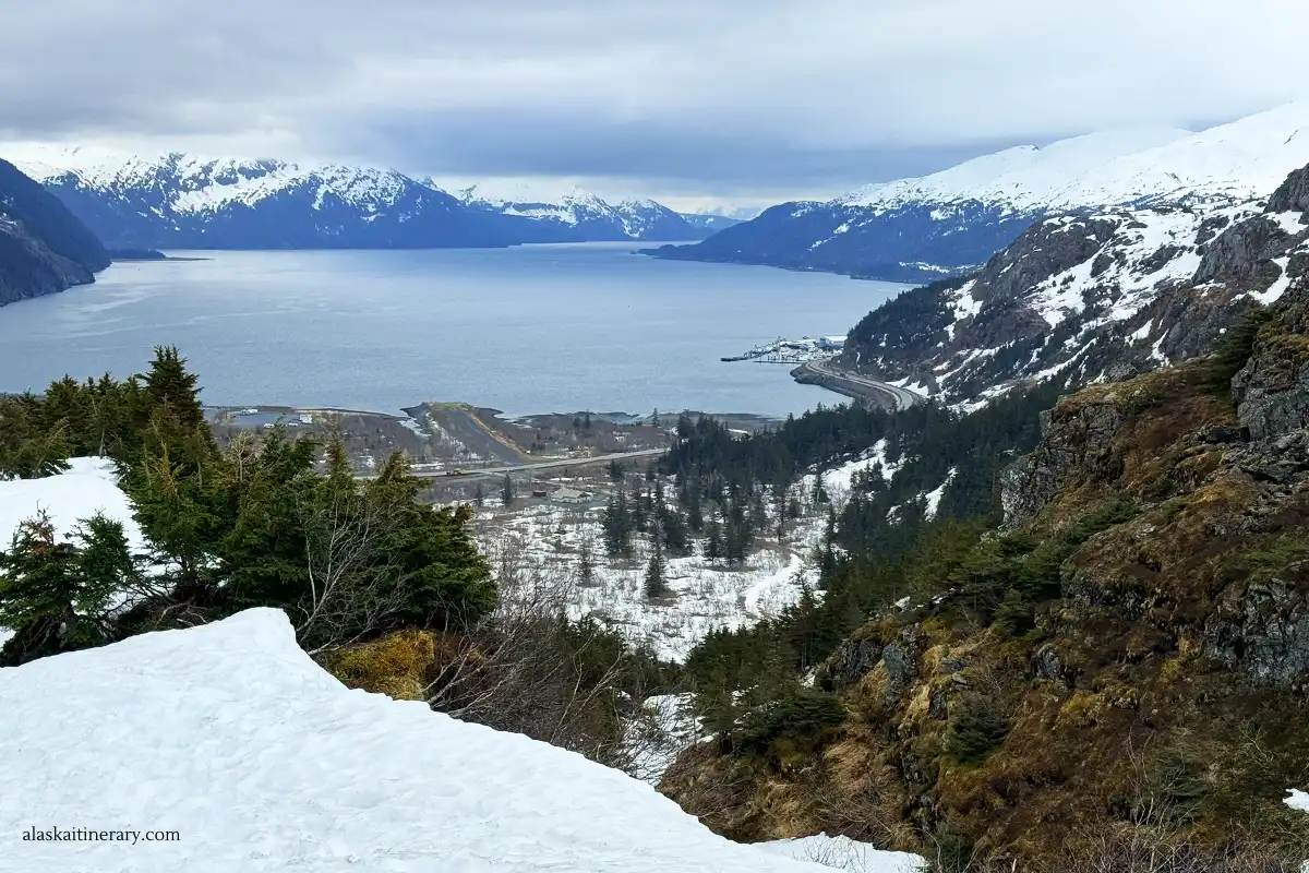 view of the Whittier and the bay from the Portage Pass.