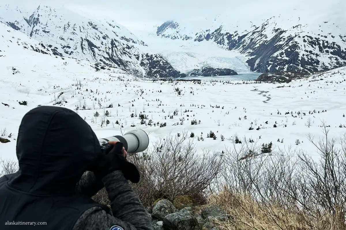 Chris taking pictures of Portage Glacier and Portage Lake.