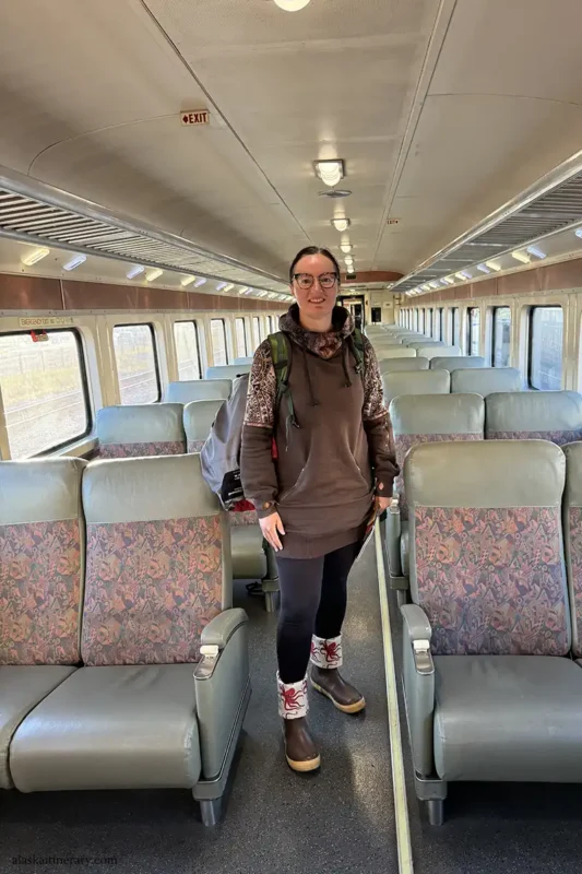 Agnes Stabinska, the author in a train in Alaska on the way to Fairbanks.