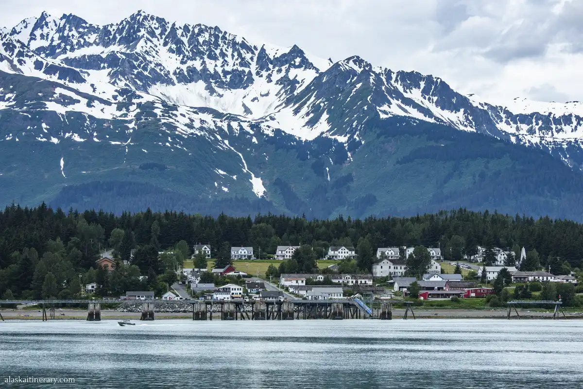 The view of Haines with scenic mountains in the backdrop from fast ferry to Haines from Skagway.