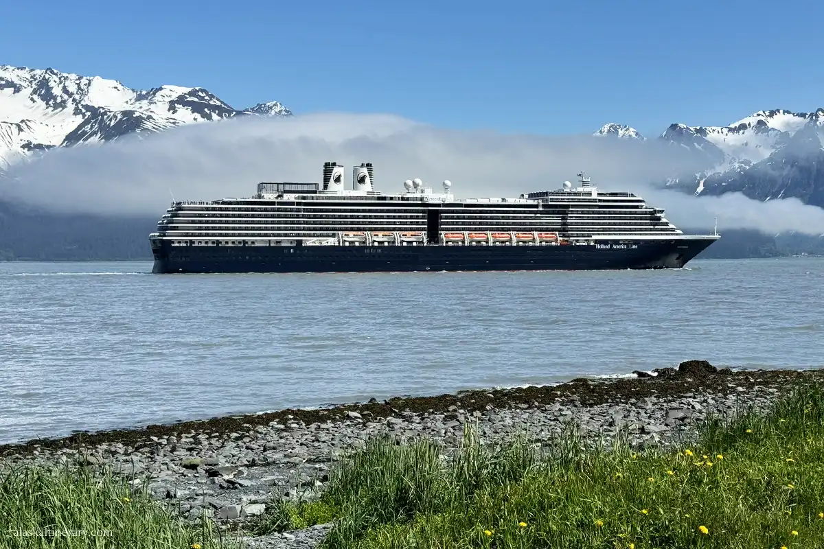 Holland America cruise ship leaving Seward.