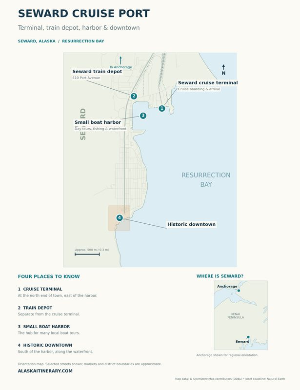 Map of Seward, Alaska, showing the cruise terminal, train depot, small boat harbor, and historic downtown, with an Anchorage location inset.