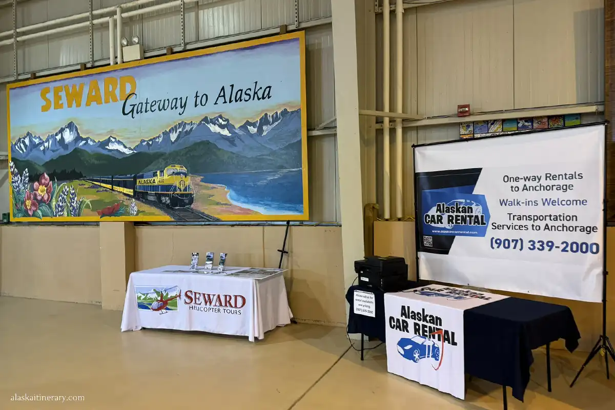 Mural in Seward cruise port terminal with train and mountains and sentence: Seward Gateway to Alaska.