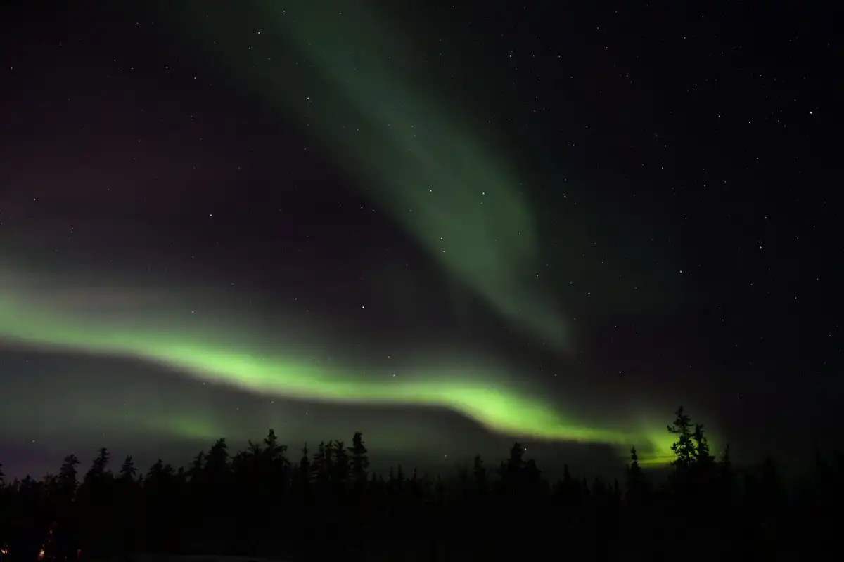 Green Northern Lights in the dark sky.