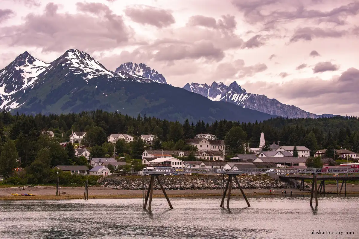 Stunning view of Haines with mountains in the backdrop during Midnight Sun from a cruise ship.