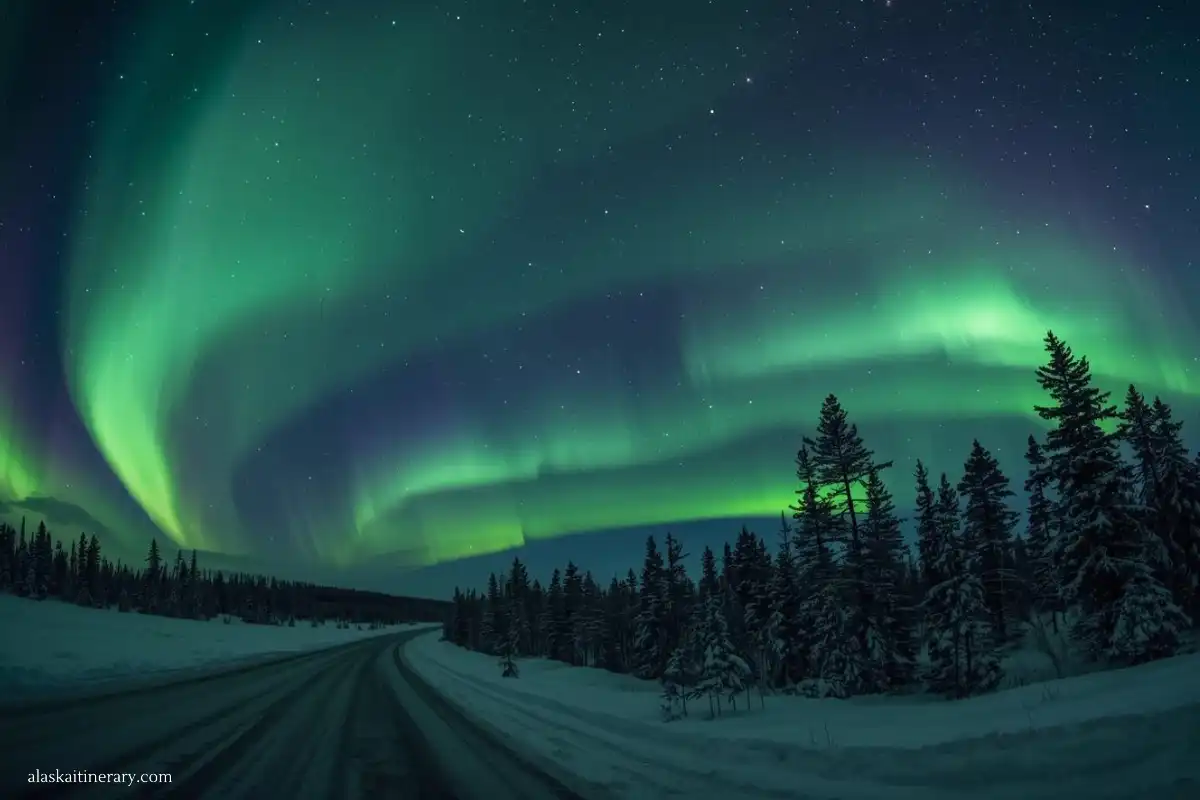 Northern lights road trip in Alaska in winter.