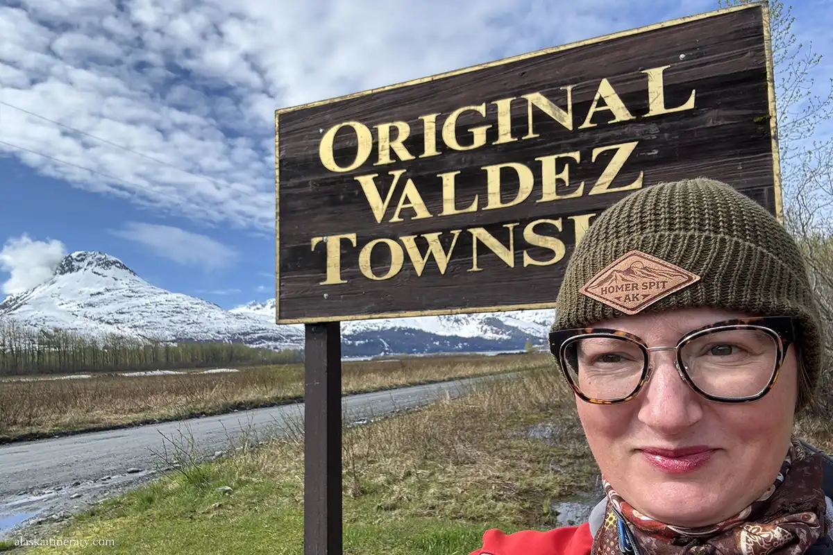 Agnes Stabinska, the author, next to the original Valdez Townsite.