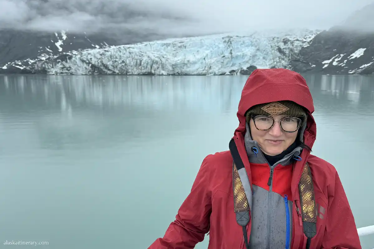 Agnes Stabinska, the author, during cruise in Valdez with glacier in the backdrop.