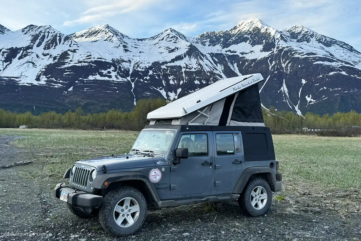 Our rented jeep wrangler with a rooftop tent in Valdez.