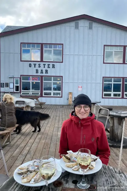 Agnes Stabinska, the author, at oyster bar in Homer.