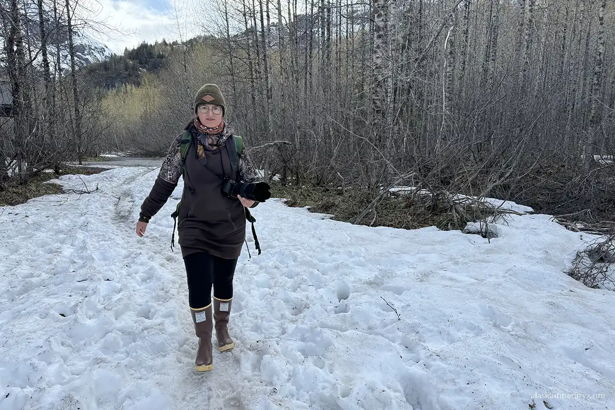 Agnes Stabinska, the author, hiking in the Exit Area in late spring in snow.