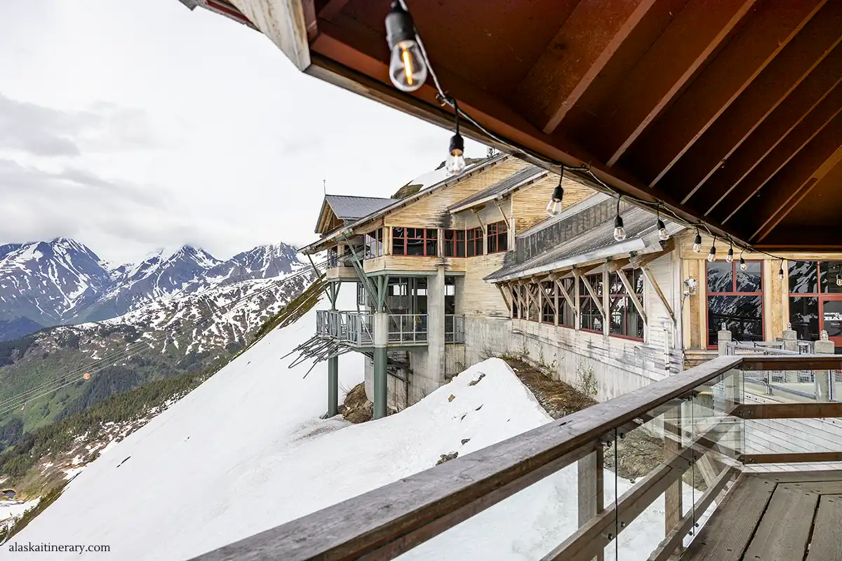 Restaurant and the view from the top of Alyeska Mountain.