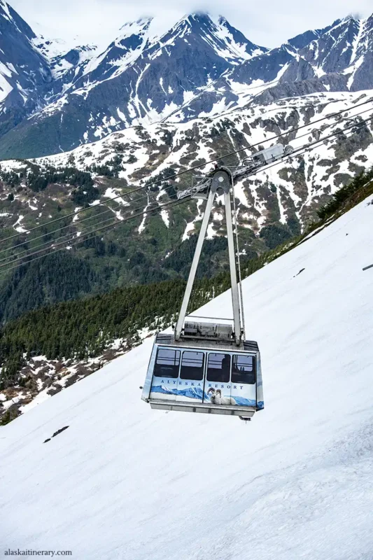 Alyeska tram with the mountain backdrop.