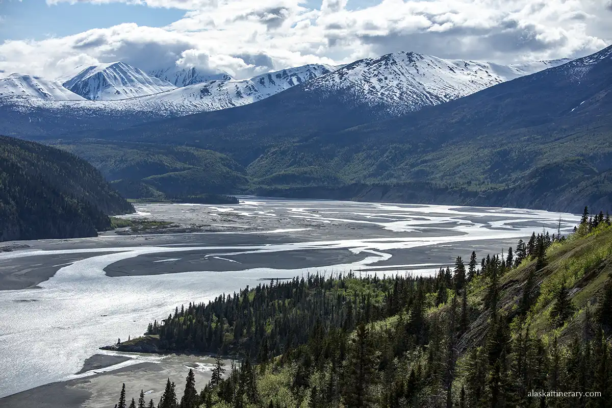 The Copper River and the surrounding Wrangell Mountains.
