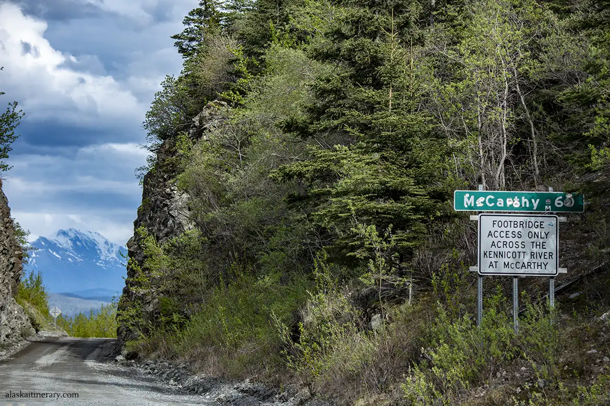 The road sign: McCarthy - 60 miles.