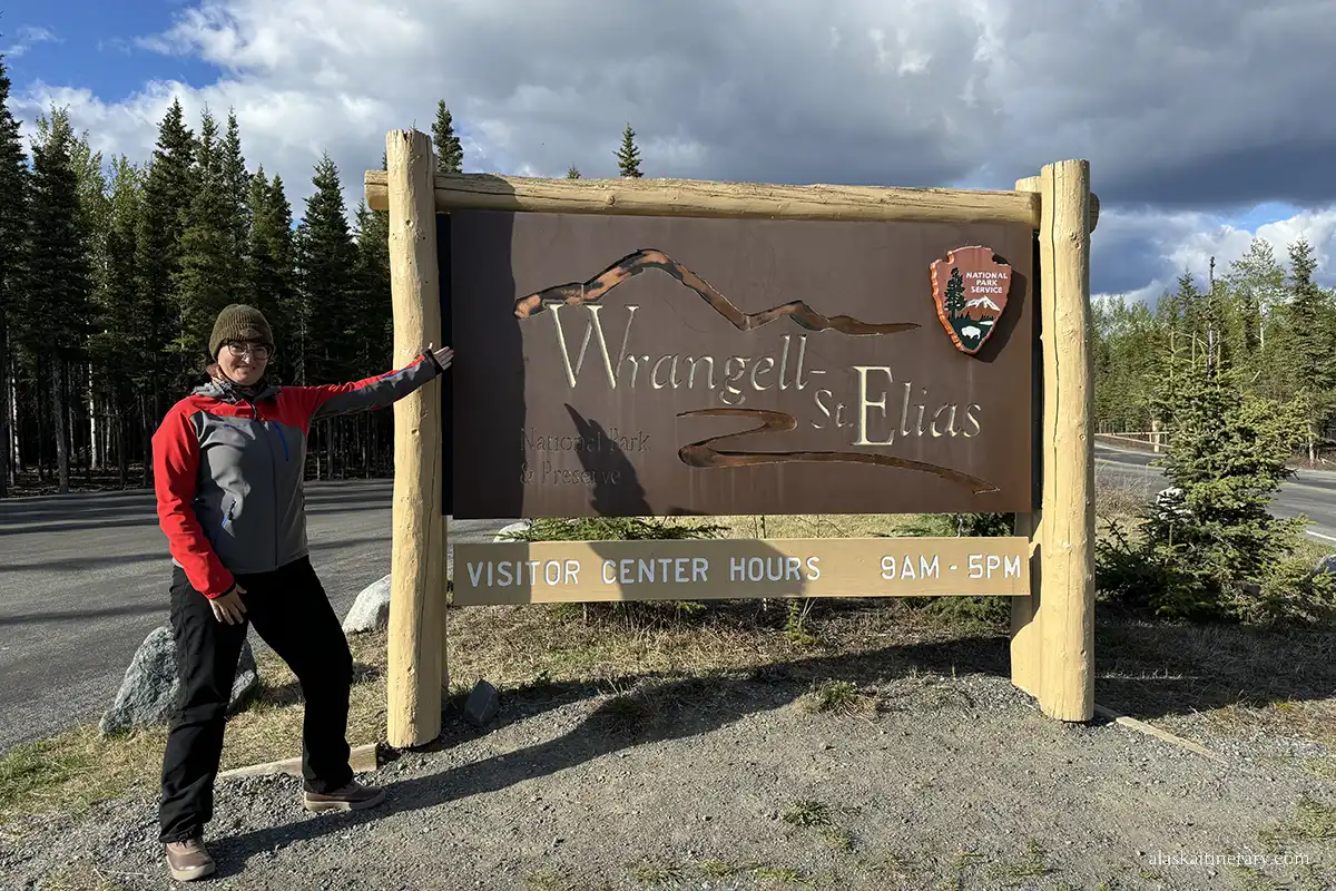 Agnes Stabinska, the author, next to the entrance to Wrangell St.Elias National Park Visitor Center.