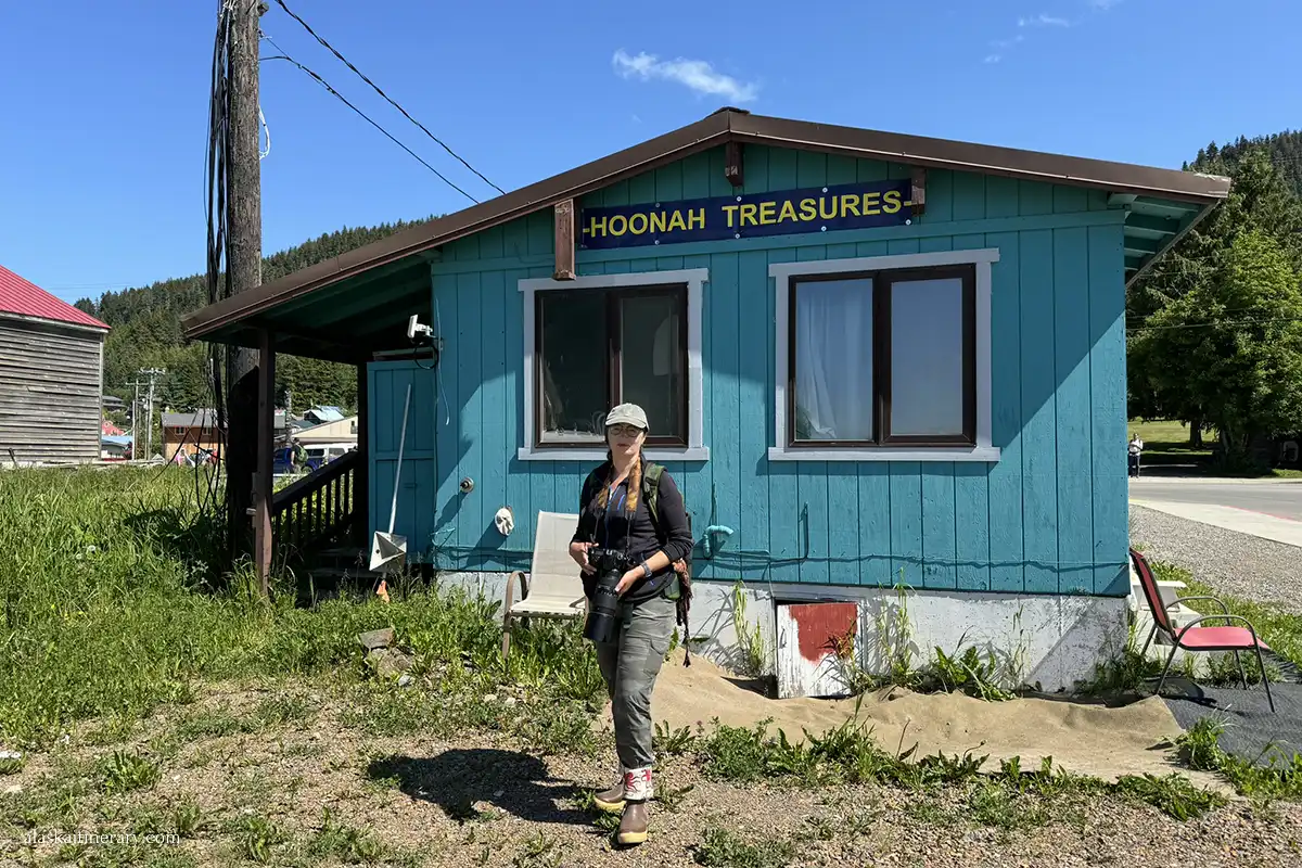 Agnes Stabinska, the author, next to local shop.