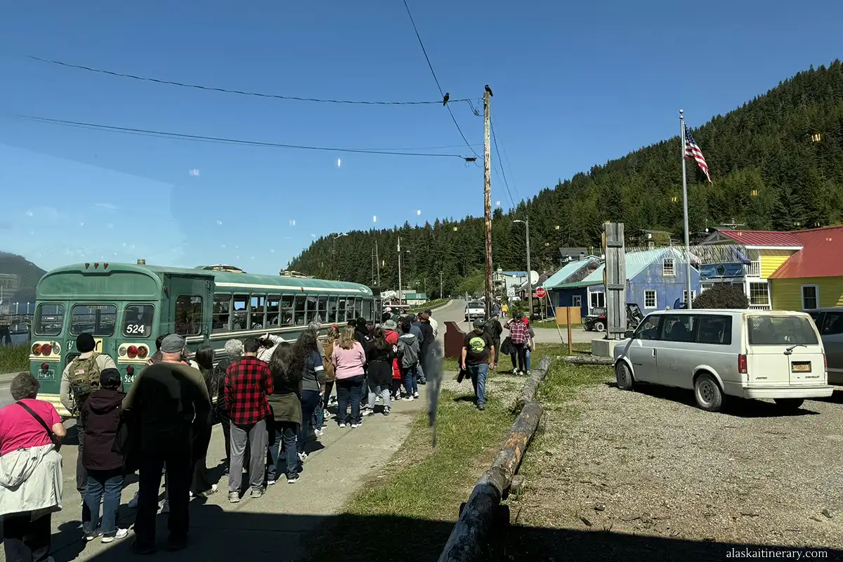 People on the line to shuttle bus from Hoonah.